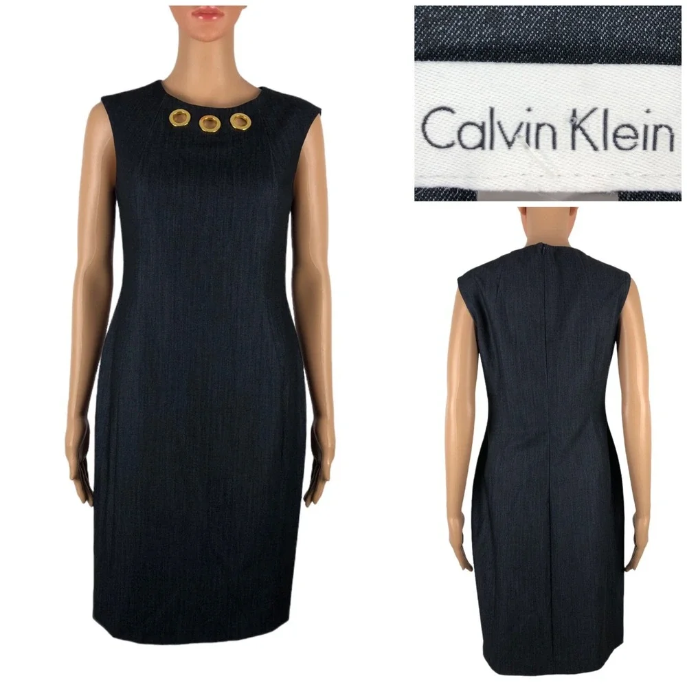 Calvin Klein Womens 4 Dress Blue Sleeveless Sheath Denim Look Stretch EUC